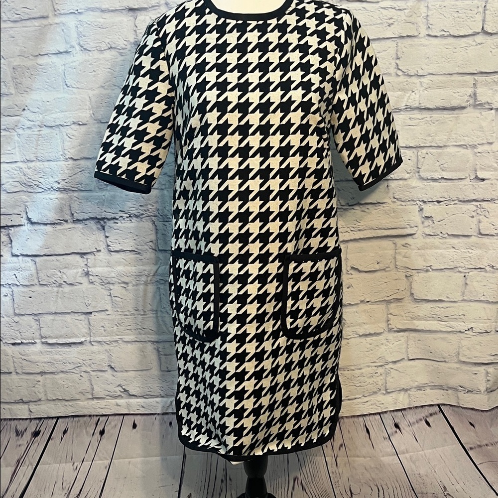 Worth NY Houndstooth Dress Shift Pockets Black & White Wool Blend Size 2